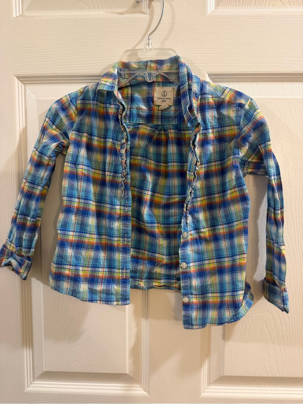Lands' End Kids Size 5 Plaid Ruffle Button-Down Shirt